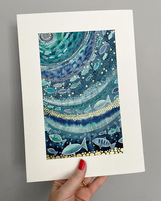 A4 Giclée Print - Underwater Fish Shoal, Blue & Gold Sea Abstract Watercolour, Fish Wall Art, Sea Art Print, Ocean Art Print